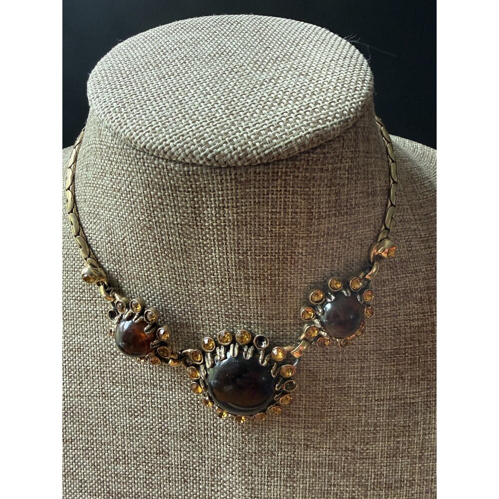 Vintage Statement Choker Necklace Gold Tone Cabochon Amber Color Maximalist 15”